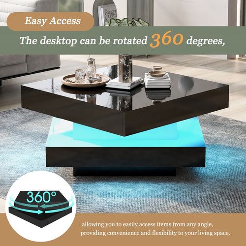 Modern coffee table with LED lighting in a living room setting, emphasizing 360-degree rotation.