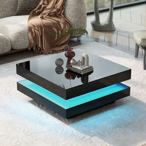 Modern coffee table with LED lighting in a living room setting