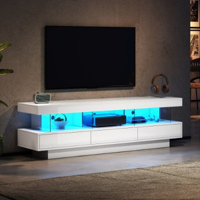 Modern white high gloss TV stand cabinet with LED lights, 3 push-to-open drawers, 3 open shelves, suitable for 70–79 inch TVs. Ideal for living room or bedroom.