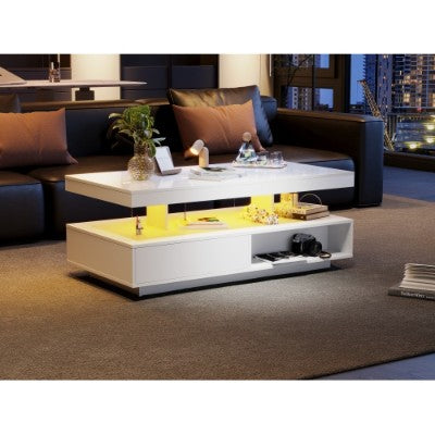 Stylish LED coffee table with smart lighting, smooth high gloss finish and practical drawer storage, ideal for modern living rooms.
