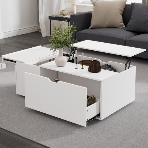 White wooden lift-up coffee table with drawer and sliding door, modern living room furniture, versatile storage and multifunctional design