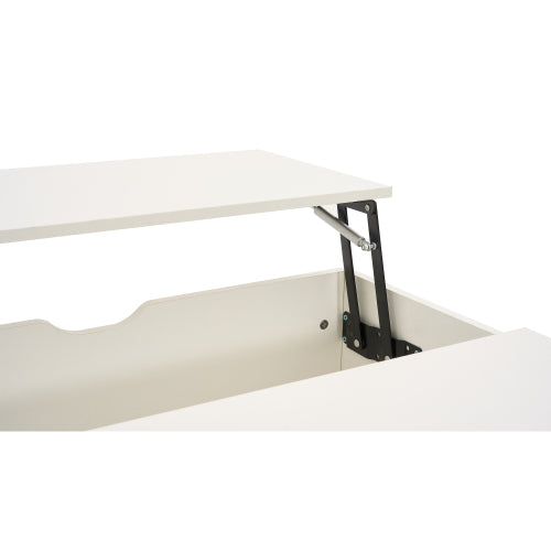 White wooden lift-up coffee table with drawer and sliding door, modern living room furniture, versatile storage and multifunctional design