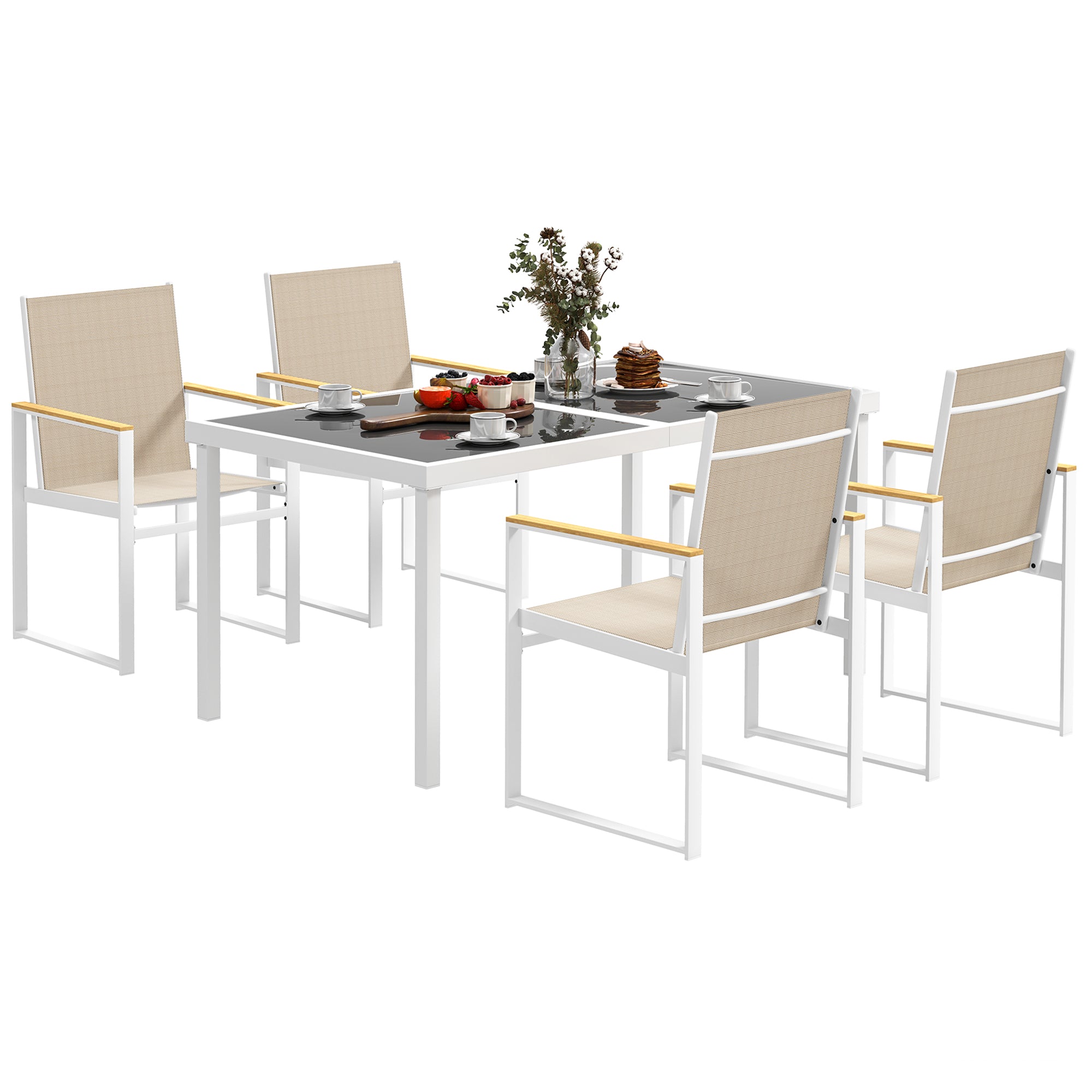 5 Piece Garden Furniture Set With 4 Armchairs And Tempered Glass Table Top, For Deck, Balcony